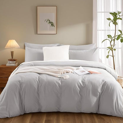 NEXHOME PRO Duvet Cover Set 100% Washed Cotton Full Size Linen Feel Textured Organic Natural 3 Pieces Bedding Set with Zipper Closure and Corner Ties, Breathable and Soft (Light Grey, No Comforter)