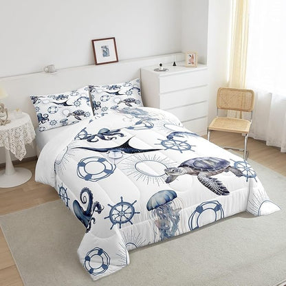Castle Fairy Sea Turtle Comforter Set King,Octopus Jellyfish Ocean Life Bedding Set for Boys Girls Teens Bedroom Decor,Nautical Style Sea Animals Quilt Set Super Soft Duvet Set,Gift for Her Him