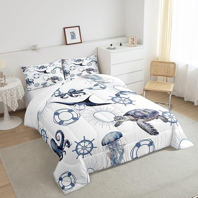 Castle Fairy Sea Turtle Twin Size Down Comforter Set,Octopus Jellyfish Ocean Life Duvet/Quilt Set Soft Bed Collection,Nautical Style Sea Animals Bedding Comforter for Boys Girls Bedroom,2 Pcs