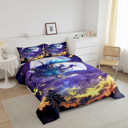 Fire Dragon Comforter Set Full Size,Moon Starry Sky Bedding Set 3Pcs,Kids Boys Girls Room Decor Fantasy Style Magical Animals Theme Quilt Set Volcano Purple Nebula Printed Duvet Insert,2 Pillowcases