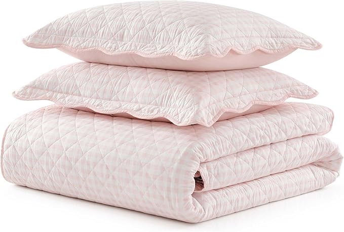 Martha Stewart - King Quilt Set, 100% Soft & Breathable Bedding with a Lightweight Feel for Year Round Comfort, 3 Piece Bed Set with Matching Pillowcases (Olivia Gingham Pink)