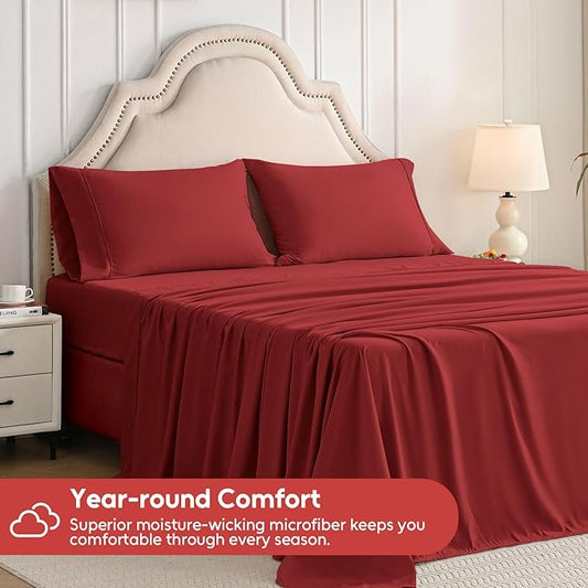 Twin Sheets Set, 3 Pieces Hotel Luxury Soft Microfiber Bed Sheets Set, Up to 16" Deep Pockets, Oeko-Tex Sheets with Elastic, Breathable, Wrinkle Free (Wine Red, Twin)