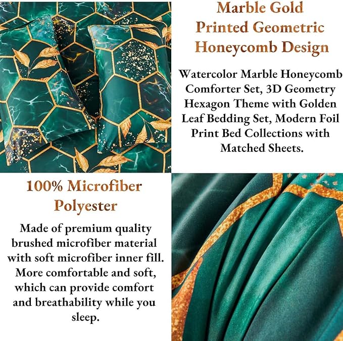 ANGIYUIN 3D Marble Honeycomb King Size Comforter Set, 7Pcs Emerald Green Geometric Hexagon Bed in A Bag, Modern Foil Print Comforter Bedding Sets with Sheets Pillowcases (Green King)