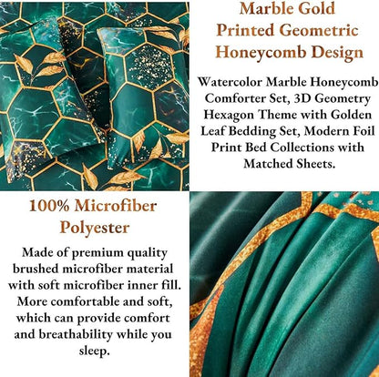 ANGIYUIN 7 Pieces Emerald Green Gold Comforter Set California King Size, Marble Watercolor Bed in A Bag for Women Men, Geometric Hexagon Gold Leaves Bedding Sets for All Season