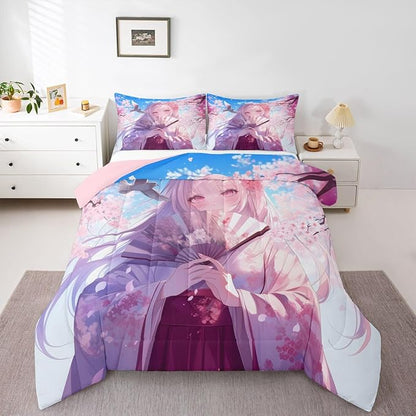 Erosebridal Japanese Style Girl Comforter Set, Cartoon Anime Girl Bedding Japanese Cherry Blossoms Bed Comforter Set, Romance Room Decor, Cartoon Kawaii Girly Bedding Sets King Size 3 Pieces