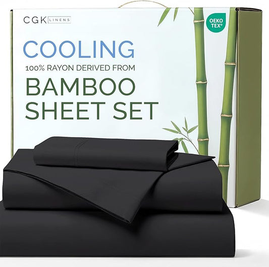100% Rayon Derived From Bamboo - Sheets Twin Size - Cooling Sheets for Twin - Ultra Soft, Breathable & Hotel Luxury Bedding - 1 Flat & 1 Fitted & 1 Pillowcase w/ 16 Inch Deep Pockets - Black
