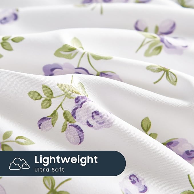 Wake In Cloud - Coquette Duvet Cover Set, Floral Cottagecore Flower Shabby Chic Cute Aesthetic, Soft Lightweight Bedding for Women Teen Girls, 3-Piece, White Purple, Full Size