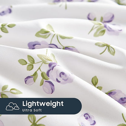 Wake In Cloud - Coquette Duvet Cover Set, Floral Cottagecore Flower Shabby Chic Cute Aesthetic, Soft Lightweight Bedding for Women Teen Girls, 3-Piece, White Purple, Full Size