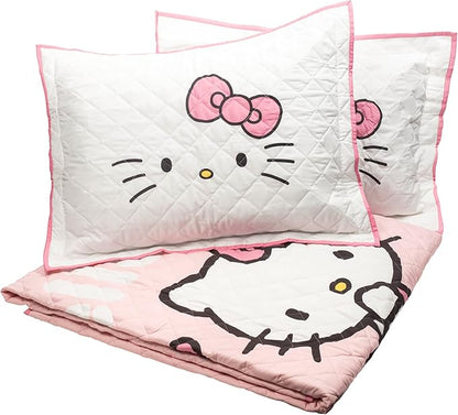 Jay Franco Hello Kitty Pink Stripes & Hearts Full/Queen Size Quilt & Sham Set - Super Soft Lightweight Bedspread Set