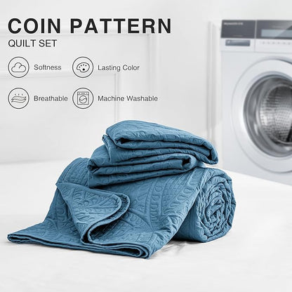 Love's cabin Oversized King Size Quilt Bedding Set Misty Blue Bedspreads - Oversized King Lightweight Bedspread Comforter - Coin Pattern Coverlet for All Season - 3 Pieces (1 Quilt, 2 Pillow Shams)