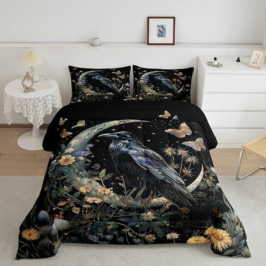 Black Crow Comforter Set Queen Size,Moon Daisy Flower and Butterfly Bedding Set,Kids Girls Boys Teens Room Decor,Halloween Theme Animals Plants Quilt Set Boho Trippy Duvet Insert,2 Pillowcases…