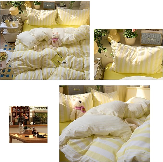 Yellow Striped Full Duvet Cover Cute Soft Full Size Comforter Cover Boho Chic Washed Microfiber Farmhouse Duvet Cover Set with Corner Ties College Dorm Bedding Set for Girls Duvet Protector