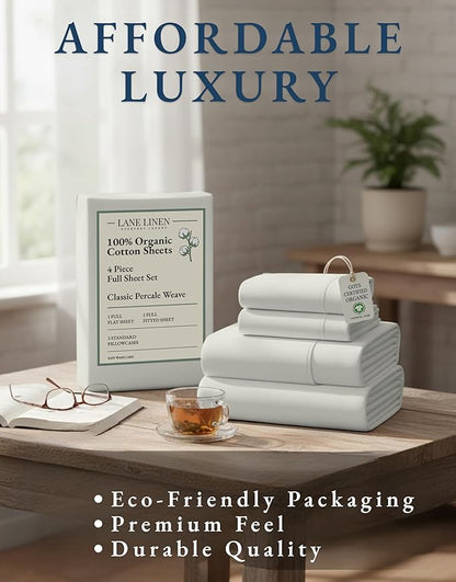 LANE LINEN 100% Organic Cotton Full Sheets Set 4-Piece Pure Percale Long Staple Soft Bedding Breathable Fits Mattress Upto 15" Deep - Glacier Grey