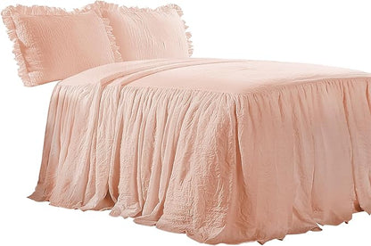 Lush Decor Ruffle Skirt Bedspread Set - 3-Piece Luxurious Farmhouse Bedding - Elegant Ruffle Detail - Timeless Style - Soft Lightweight Sheets - Queen, Blush