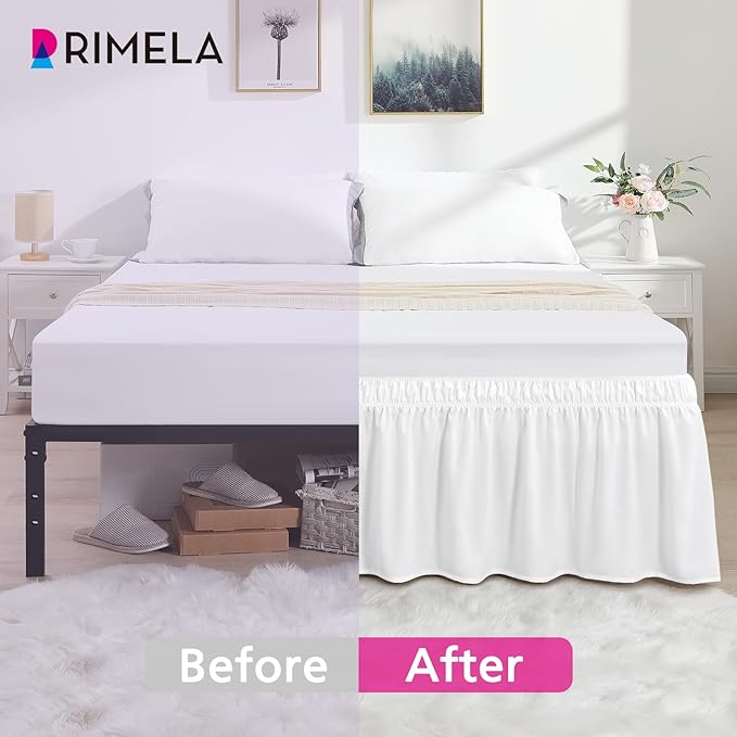RIMELA Bed Skirt Full Size Bright White 15 Inch Drop, Wrap Around Elastic Bedskirt, Dust Ruffle for Adjustable Bed Base Soft Durable Fabric Machine Washable Easy to Install Bed Skirts