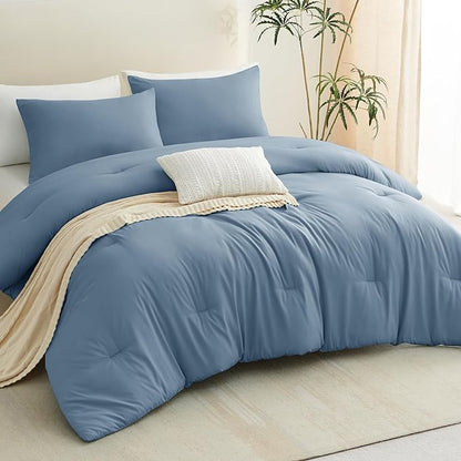 CozyLux Oversized Queen Comforter Set Grayish Blue, 3 Pieces 98x98 Solid Breathable Bedding Set All Season, Dusty Blue Luxury Soft Lightweight Bed Set with Down Alternative Comforter and 2 Pillowcases