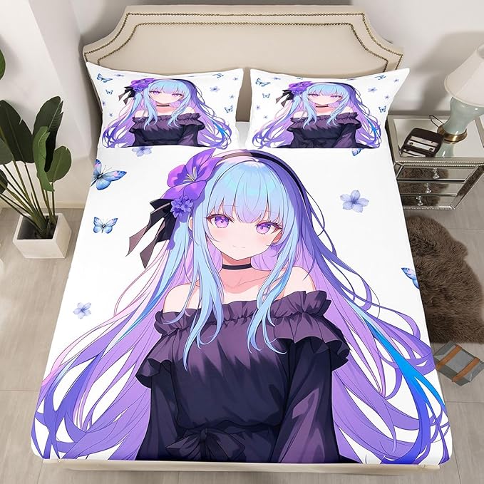 Erosebridal 3D Japanese Anime Girl Bedding Set - Kawaii Decorations Fitted Sheet, Cute Preppy Sheets Queen, 1 Fitted Sheet 2 Pillowcases (No Flat Sheet)