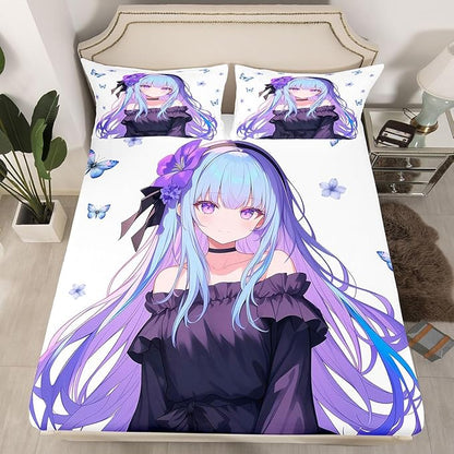 Erosebridal 3D Japanese Anime Girl Bedding Set - Kawaii Decorations Fitted Sheet, Cute Preppy Sheets Queen, 1 Fitted Sheet 2 Pillowcases (No Flat Sheet)