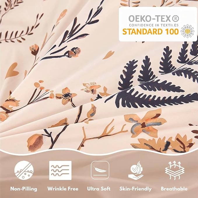 JSD Fall Floral Duvet Cover Set King Size, 3 Piece Boho Botanical Printed Microfiber Comforter Covers Zipper Closure