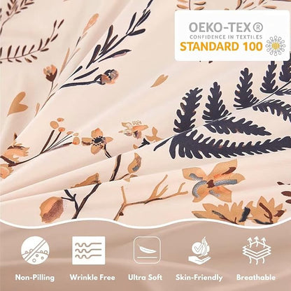 JSD Fall Floral Duvet Cover Set King Size, 3 Piece Boho Botanical Printed Microfiber Comforter Covers Zipper Closure