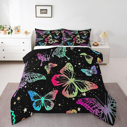 Erosebridal Butterfly Comforter Set King Starry Sky Galaxy Colorful Ombre Butterflies Bedding Sets for Kids Girls Teens Women Cartoon Bedding Comforters & Sets Room Decor with 2 Pillow Cases