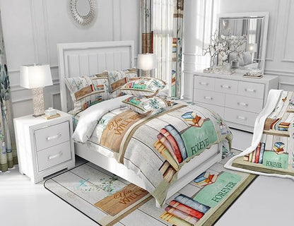 Watercolor Books Bedding Set Reading Time Girls Women Duvet Cover Set Rustic Farmhouse Style Comforter Cover Floral Leaves Bedspread Cover Bedroom Quilt Cover Twin with 1 Pillowcase,No Comforter
