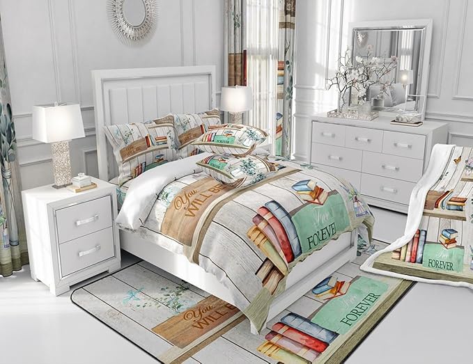Watercolor Books Bedding Set Reading Time Girls Women Duvet Cover Set Rustic Farmhouse Style Comforter Cover Floral Leaves Bedspread Cover Bedroom Quilt Cover Full with 2 Pillowcase,No Comforter