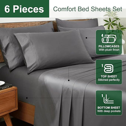 Ivelow 100% Egyptian Cotton Sheets Full Size Set - 1200 Thread Count 6 PC 18" Deep Pocket Full Size Bed Sheet Set，Luxury Soft Breathable Grey Cooling Sheet Sets Durable Hotel Quality Bedding
