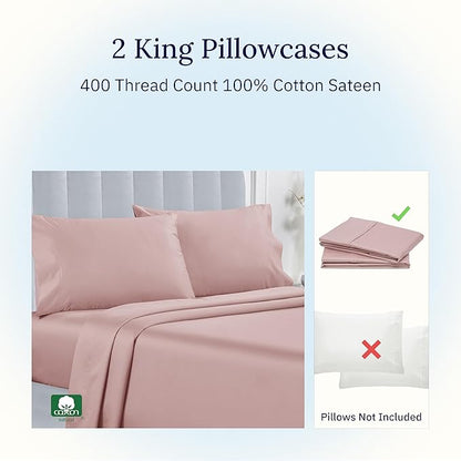 California Design Den Pillow Cases King Size Set of 2-400 Thread Count Sateen, Natural 100% Cotton Pillowcases King, Soft, Roomy and Breathable - Mauve