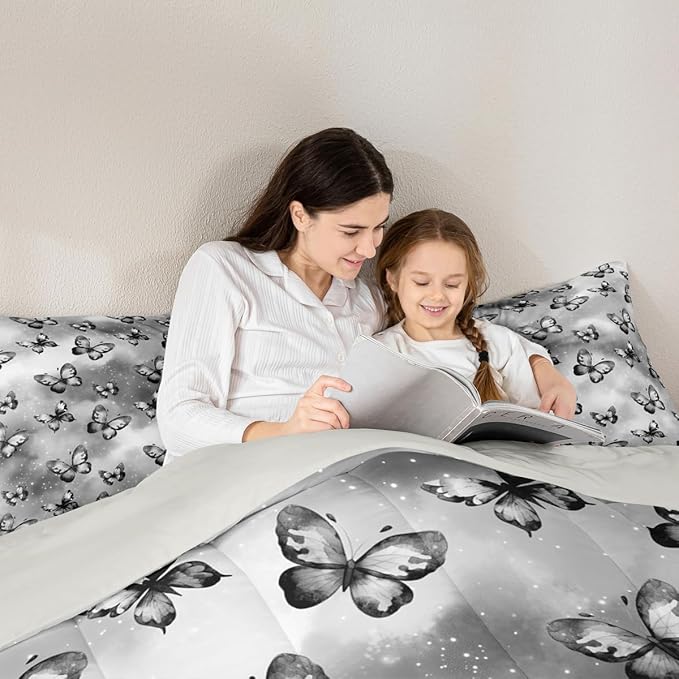 Erosebridal Butterfly Bedding Sets Full - Dreamy Coquette Comforter Set for Kids Adults Watercolor Gradient Grey Butterfly Duvet Insert Galaxy Stars Print Quilt