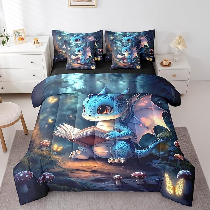 3D Cartoon Dragon Comforter Set 7 Pieces King Size,Western Fairy Tale Bedding Set for Kids,Sparkling Pink Butterfly (Comforter+Fitted+Flat Sheet+2 Pillowcases+2 Throw Pillow Covers)