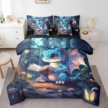 3D Cartoon Dragon Comforter Set 7 Pieces King Size,Western Fairy Tale Bedding Set for Kids,Sparkling Pink Butterfly (Comforter+Fitted+Flat Sheet+2 Pillowcases+2 Throw Pillow Covers)