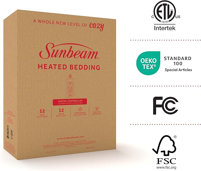 Sunbeam Premium Quilted Electric Heated Mattress Pad Twin 39" x 75" - 12 Heat Settings, 12-Hour Selectable Auto Shut-Off, Fast Heating, Warming Bed, Machine Washable, Extra-Soft Warm Cozy