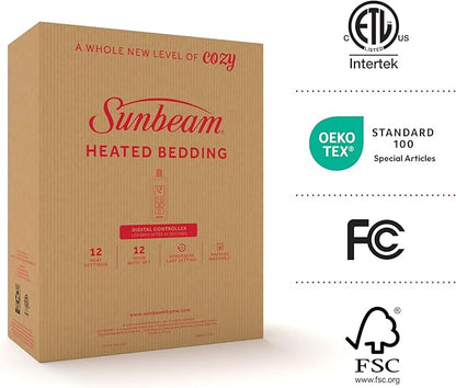Sunbeam Premium Quilted Electric Heated Mattress Pad Twin 39" x 75" - 12 Heat Settings, 12-Hour Selectable Auto Shut-Off, Fast Heating, Warming Bed, Machine Washable, Extra-Soft Warm Cozy