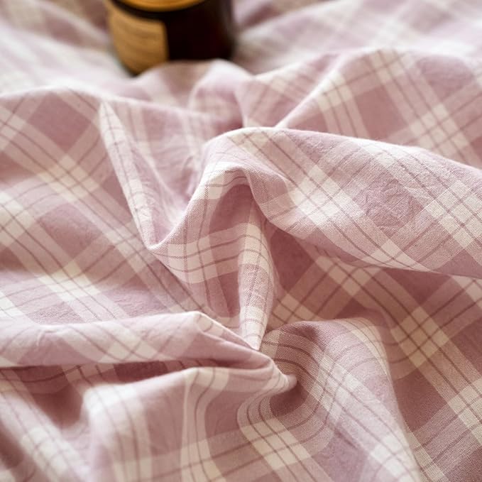 EAVD Vintage Style Gingham Duvet Cover Queen Purple White Soft 100% Washed Cotton Chic Grid Checkered Bedding Set with 2 Pillowcases Farmhouse Purple Plaid Duvet Cover with Zipper Closure