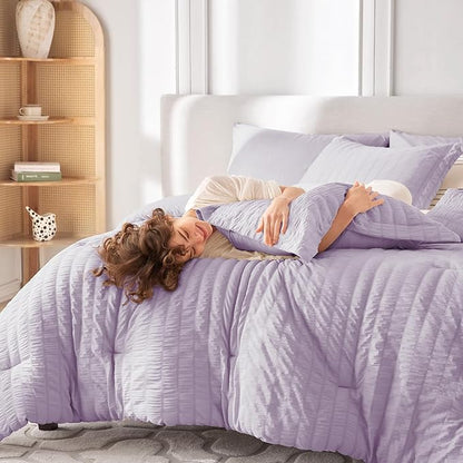 MUXHOMO 7 Pieces Full Comforter Set, Seersucker Bed in a Bag Full Size, All Season Luxury Bedding Set with Comforter, Flat Sheet, Fitted Sheet, Pillowcases & Shams, Lavender