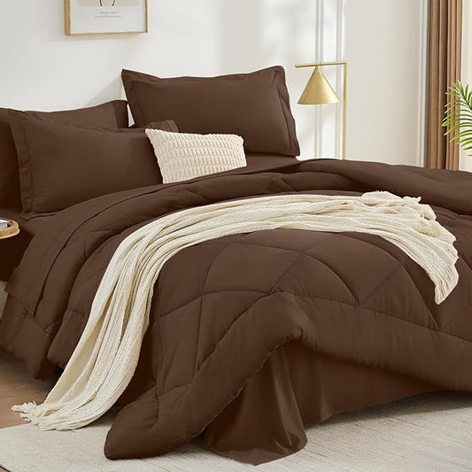 FUANNA 7 Pieces Queen Comforter Set, All Season Bed in a Bag Queen Size, Luxury Soft Bedding Sets with Comforter, Flat Sheet, Fitted Sheet, Pillowcases & Pillow Shams, Dark Brown