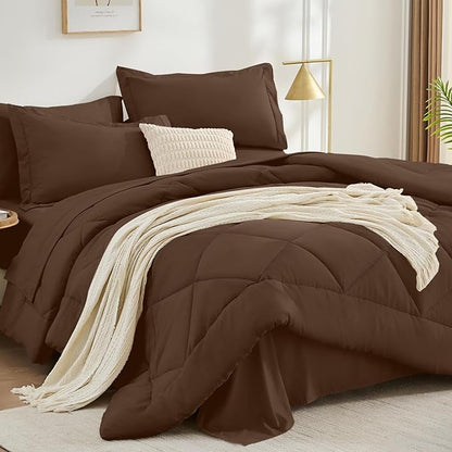 FUANNA 7 Pieces Full Size Comforter Sets, All Season Bedding Sets Full Size, Luxury Soft Bed in a Bag with Comforter, Flat Sheet, Fitted Sheet, Pillowcases & Pillow Shams, Dark Brown