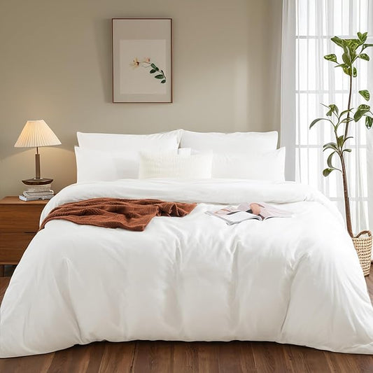 NEXHOME PRO Duvet Cover Set Super King 108"x98" Linen Look Textured Cream White Organic Natural 100% Washed Cotton Duvet Cover 3 Pieces Bedding Set with Zipper Closure, Breathable (No Comforter)
