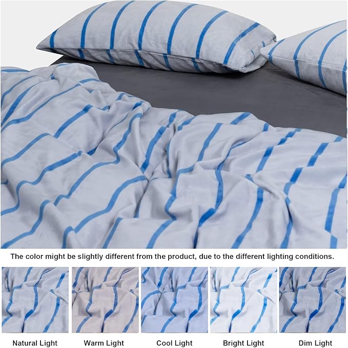 Bedbay Blue Striped Comforter Set Queen Size Microplush Fleece Bedding Set Ultra Soft & Warm Flannel Velvet Comforter Set 3 Pcs Blue White Stripes Pattern Queen Bed Set for All Seasons