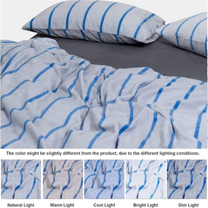 Bedbay Blue Striped Comforter Set Queen Size Microplush Fleece Bedding Set Ultra Soft & Warm Flannel Velvet Comforter Set 3 Pcs Blue White Stripes Pattern Queen Bed Set for All Seasons