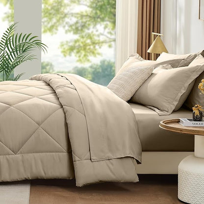 FUANNA 7 Pieces Full Size Comforter Sets, All Season Bedding Sets Full Size, Luxury Soft Bed in a Bag with Comforter, Flat Sheet, Fitted Sheet, Pillowcases & Pillow Shams, Oatmeal