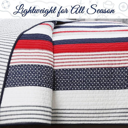 Cozy Line Home Fashions 100% Cotton Sailor Navy Blue Star Striped Reversible Bedding Quilt Set (Patriotic Stripe, Queen)