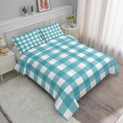 3Pcs Gingham Bedding for Girls,Geometric Patchwork Comforter Set for Boys Girls Kids,Teal Plaid Checkered Comforter for Kids,King Size Vintage Farmhouse Bedding Set 1 Quilt 2 Pillowshams