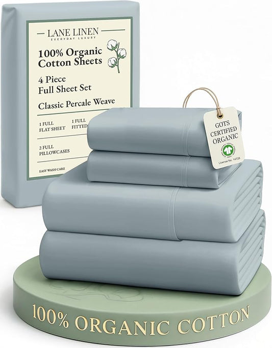 LANE LINEN 100% Organic Cotton Full Sheets Set 4-Piece Pure Percale Soft Bedding Breathable Fits Mattress Upto 15" Deep - French Blue