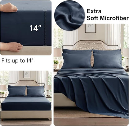 Anluoer Navy Blue California King Comforter Set 7 Pieces, Bed in a Bag with Sheets, All Season Bedding Sets with 1 Comforter, 2 Pillow Shams, 2 Pillowcases, 1 Flat Sheet, 1 Fitted Sheet