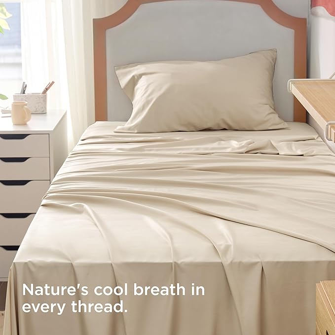 Bedsure Cooling Sheets Twin XL, Rayon Derived from Bamboo, PureWoven, Breathable & Soft Twin XL Sheet Sets, Deep Pocket Up to 16 Inches, Hotel Luxury Silky Dorm Bedding for Hot Sleepers, Beige