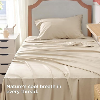 Bedsure Cooling Sheets Twin XL, Rayon Derived from Bamboo, PureWoven, Breathable & Soft Twin XL Sheet Sets, Deep Pocket Up to 16 Inches, Hotel Luxury Silky Dorm Bedding for Hot Sleepers, Beige