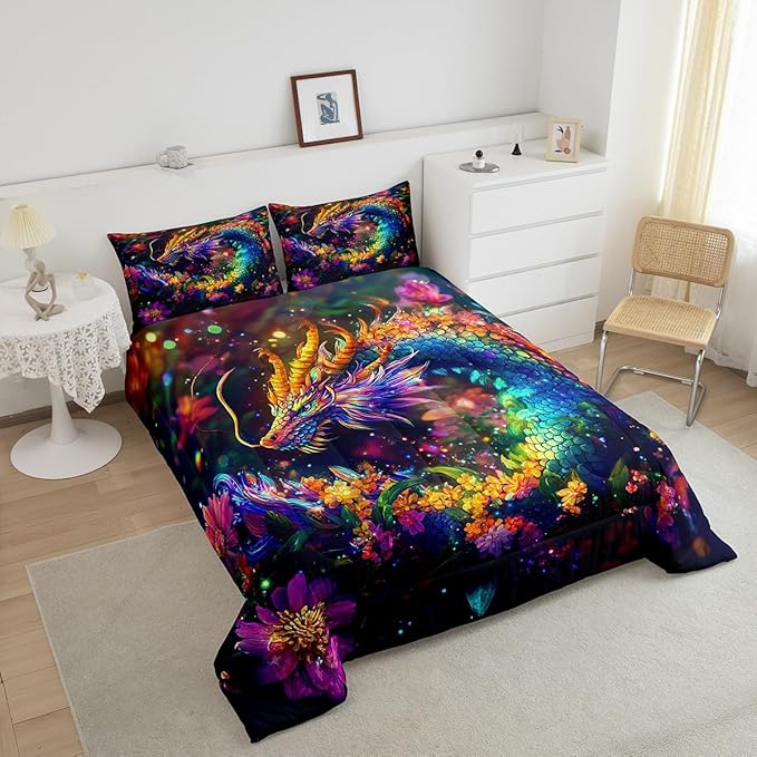 Feelyou Dragon Comforter Set Full Size Flower Dragon Comforter for Boys Girls Teens Wild Life Bedding Set Dragon Decor Duvet Set Room Decor Clorful Quilt Set