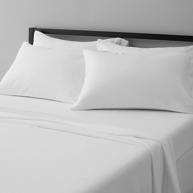 Amazon Basics Ultra-Soft, Breathable Microfiber 4-Piece Bed Sheet Set, Wrinkle-Free, Machine Washable, King Size, Bright White Striped